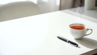 Hot tea cup with steam and pen on white table in bright modern office workspace for business meetings and productivity.