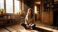 Young woman meditating in cozy wooden library with sunlight streaming through windows, peaceful mindfulness practice in rustic home interior setting.