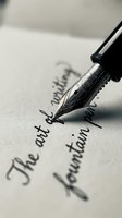 Fountain pen with ornate nib writing calligraphy text on white paper, capturing ink flow and handwriting artistry for creative writing and correspondence projects.