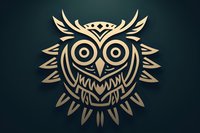 Golden owl emblem with tribal style design elements and geometric patterns on dark background, metallic effect logo symbol for branding and decoration.