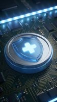 Digital healthcare shield with medical cross symbol on futuristic circuit board representing cybersecurity protection for health data and medical technology systems.