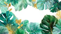 Lush tropical monstera and palm leaves in watercolor style with gold accents on white background, creating an elegant botanical frame.