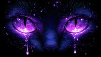 Mystical glowing purple cat eyes with cosmic energy effects against dark background, featuring ethereal tears and magical star particles in night atmosphere.