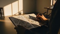 Artist drawing intricate mandala patterns on paper at wooden desk with warm sunlight streaming through window blinds creating atmospheric shadows in creative workspace.
