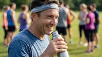 Middle-aged male coach with headband speaking into microphone at outdoor sports event with diverse athletes in background.
