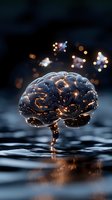 Glowing brain with neural network connections floating above water surface with bokeh lights in dark background for neuroscience and artificial intelligence concepts.