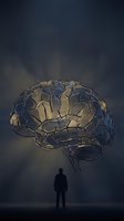 Silhouetted male figure standing before oversized glowing brain illustration against dark moody background, representing intelligence, innovation, psychology, neuroscience, artificial intelligence, and human potential for business and educational use.