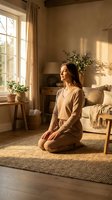 Young woman practicing meditation in cozy living room with natural sunlight streaming through window creating peaceful morning atmosphere for mindfulness and wellness.