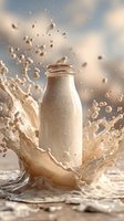 Fresh milk bottle surrounded by dynamic splash creating crown effect with droplets frozen in motion against soft beige background for dairy advertising.