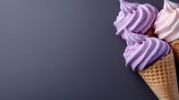 Soft serve ice cream cones with purple and pink swirled frozen yogurt in waffle cones against dark background, corner composition for menu design and food advertising.