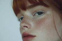 Close-up portrait of a young Caucasian woman with red hair, freckles, and green eyes, featuring natural makeup and glitter lashes.