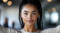 Young African American woman with dreadlocks taking selfie, natural makeup, glowing skin, blurred bokeh background, modern lifestyle portrait.