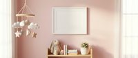 Blank white horizontal frame mockup on pink wall in cozy nursery room with wooden shelf, bunny toy, and star mobile.