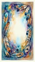 Watercolor feather frame with ornate border and colorful gradient background for bohemian design projects and spiritual themed artwork.