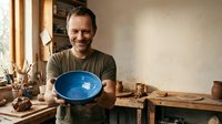 Middle-aged male artisan with dark hair and mustache displaying handcrafted blue ceramic bowl in rustic pottery studio workshop with wooden workbench and clay supplies.