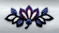 Decorative embroidered floral motif with purple and white petals on fabric. Ornamental needlework design for textile crafts and fashion accessories.