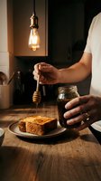 Man drizzling honey onto toast with wooden dipper while holding jar, warm pendant light overhead, breakfast or food styling concept.