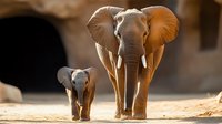 African elephant mother with baby calf walking together in golden sunlight, wildlife family bond, safari animals in natural habitat, maternal care concept.