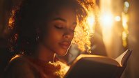 Young African American woman reading book in warm golden light, peaceful expression, curly hair illuminated by sunset glow through window, cozy sweater, atmospheric evening scene.