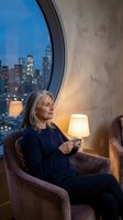 Mature Caucasian woman relaxing in modern armchair with coffee cup by large round window overlooking illuminated city skyline at evening twilight.