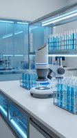 Modern laboratory microscope with blue test tubes and glassware on white counter in sterile research facility for scientific analysis and medical testing.