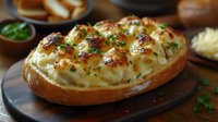 Golden baked potato boat topped with creamy mashed filling, melted cheese, crispy bacon bits and fresh herbs on rustic wooden board for comfort food recipes.