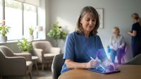 Young adult woman with shoulder-length brown hair, Caucasian ethnicity, wearing blue scrubs, healthcare professional using holographic medical interface technology in modern clinic setting.
