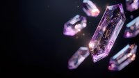 Purple amethyst crystals floating in dark space with magical glow and sparkles for luxury jewelry design and spiritual healing concepts.
