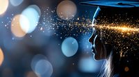 Young woman with long hair in profile, illuminated by glowing golden particles and blue light rays emanating from her mind, symbolizing creativity, innovation, and intellectual awakening against blurred bokeh background.