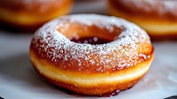Fresh baked donut with powdered sugar dusting on top, golden brown fried dough with round shape and classic hole in center, macro food photography.