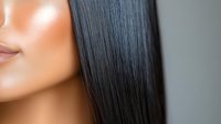 Closeup of straight black glossy hair and partial face profile showing smooth skin against neutral background, highlighting hair care and beauty treatment results.
