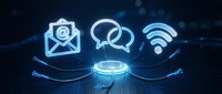 Futuristic holographic communication icons floating above digital platform with glowing blue neon effects for technology and connectivity concepts.