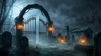 Spooky cemetery gate with glowing lanterns and twisted branches creating atmospheric entrance on foggy night for Halloween horror themed designs.