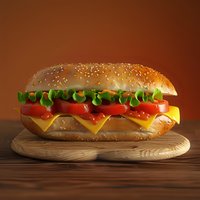 Fresh chicken sandwich with melted cheese, tomatoes, lettuce on sesame bun served on wooden cutting board against warm brown background. Perfect for menu design.