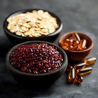 Red kidney beans in stone bowl with omega-3 fish oil capsules and oat flakes on dark background, healthy nutrition and dietary supplements concept.