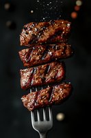 Juicy grilled steak slices stacked on fork with salt crystals falling, grill marks visible on meat against dark background, dramatic food photography.