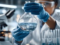 Laboratory scientist in protective equipment holding round glass flask with clear liquid during chemical research experiment in modern facility.