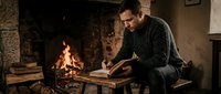 Middle-aged Caucasian man in cozy sweater reading book by warm fireplace in rustic stone interior. Peaceful evening relaxation and literary lifestyle concept.