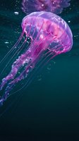 Luminous purple jellyfish floating gracefully through dark ocean waters with glowing tentacles and translucent bell creating magical underwater atmosphere.