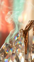 Colorful smoke rising from crystal glass teapot with rainbow light reflections and warm bokeh background for luxury lifestyle concepts.