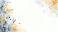 Cute ghost character with crescent moon and watercolor splashes on white background, isolated design element for children's illustrations, greeting cards, and nursery decor.