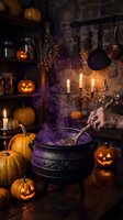 Witch stirring bubbling cauldron with purple smoke surrounded by carved jack-o-lanterns, hanging herbs, candles, and kitchen utensils in dark moody setting for seasonal holiday celebrations.