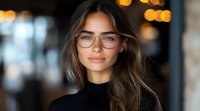 Young Caucasian woman with brown hair wearing glasses and black turtleneck smiling confidently against blurred bokeh background. Natural makeup and modern professional look.