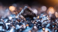 Macro shot of dark crystal mineral formation with blurred bokeh background in blue and orange tones, showing geometric shapes and reflective surfaces.