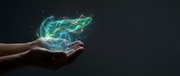 Hands holding glowing blue-green energy flames with magical light effects on dark background for fantasy and supernatural concepts.