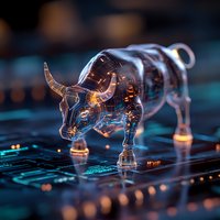 Glass bull figurine on circuit board with glowing blue technology elements and bokeh lights, representing financial technology and stock market trends.
