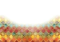Colorful mosaic border with geometric diamond pattern in red, teal, yellow and gold tones, fading to white, for banners and cards.