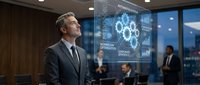 Middle-aged Caucasian businessman in suit analyzing futuristic holographic data visualization and charts in modern corporate office meeting room.