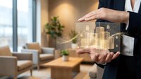 Professional businesswoman presenting holographic city skyline with growth charts and financial data in modern office environment for real estate investment.