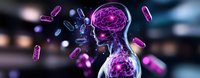 Glowing purple silhouette showing brain and gut connection with floating bacteria, representing microbiome influence on mental health and neural activity.